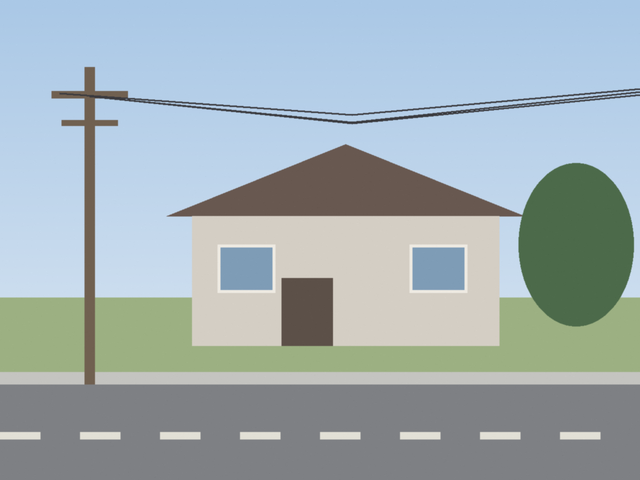 Street view with overhead utility lines
